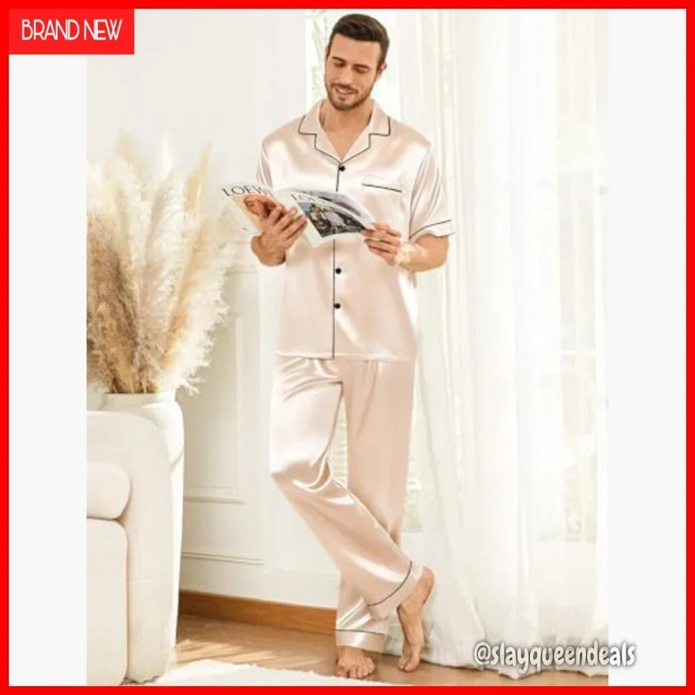 Men's Silk Satin Pajama Set Short Sleeve Sleepwear Lounge with Pockets